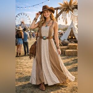 One Of A Kind Neutral Floral Cottagecore Retro Boho Midi Dress Size M